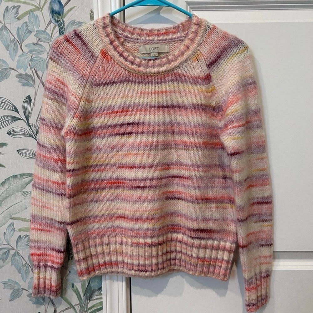 Loft Sweater Women's Pink Striped Knit Crewneck Sweater Size Extra Small